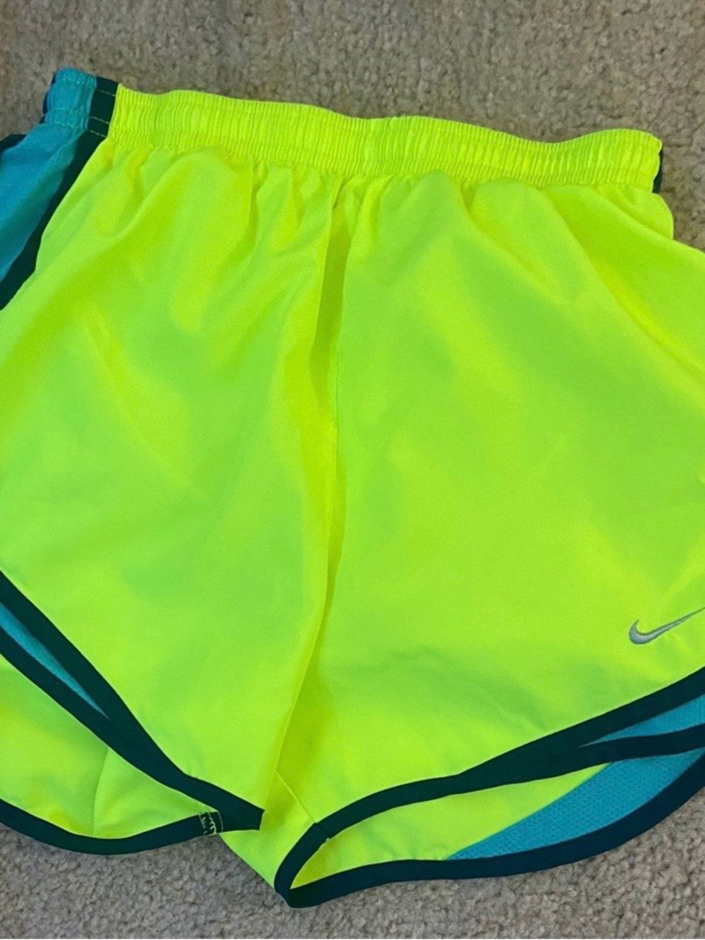 Nike Men's Neon Yellow Athletic Running Shorts with Teal Trim